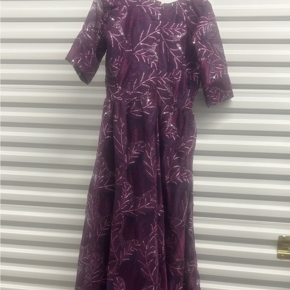 Vintage-Inspired Plum Sequin Lace Maxi Gown  Deep V Evening Dress  Formal Size M